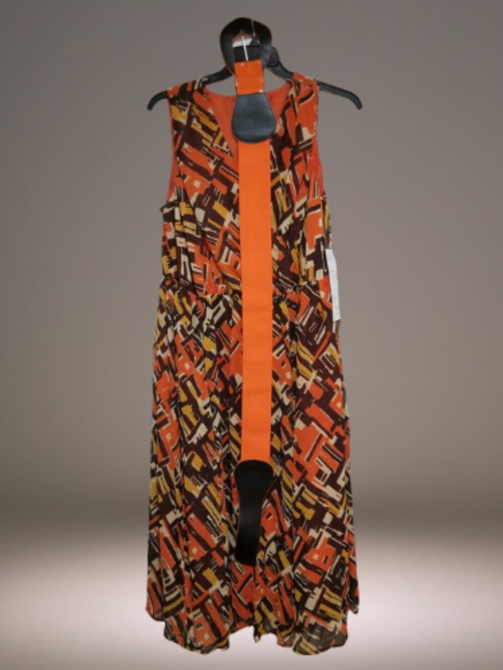 Ashro Women’s Plus Size 20W Orange Brown Geometric Print Sleeveless Belted Midi